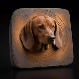 a dog has its head inside of a log