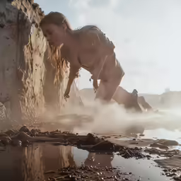 a man is falling off from his cliff and getting up