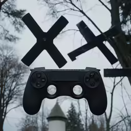 a video game controller and x sign are hanging upside down