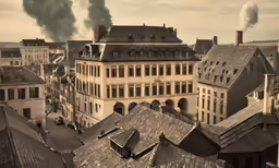 old buildings in an industrial area with smoking stacks and smoke