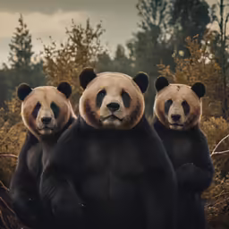 three black and white panda bears standing on their hind legs