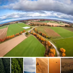 four photos, with an image of farm fields, and people riding in a helicopter