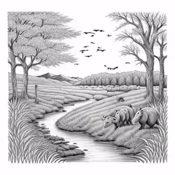 two animals that are standing in the grass,an ink painting of a river in the wilderness