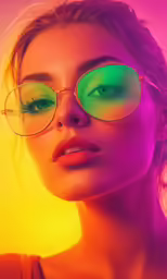 a beautiful woman with bright green glasses
