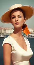 a woman with a large hat standing by the water