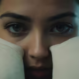 a woman looks out from behind the covers of white blankets