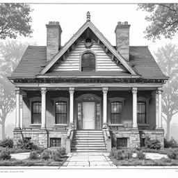 a drawing of a very nice looking house with pillars and porchs