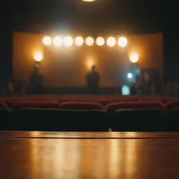 an empty theater in front of a curtain filled with people