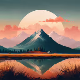 mountain scene with reflection in water and rising sun,the landscape is made up of mountains, water and grass