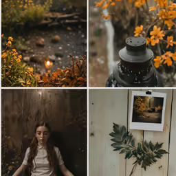 four different pictures that have been altered to show a woman and a wall with flowers