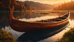 a canoe sits on the shore of a lake with mountains in the background,a canoe with a wooden hull and water