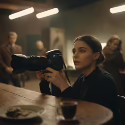 a woman holding a camera in front of some people
