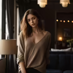 a woman sitting in front of a window looking into the distance