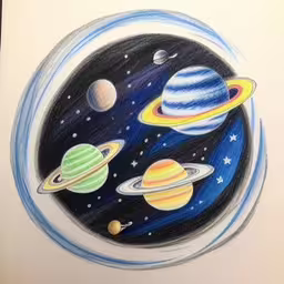 drawing a picture of different planets in a circle,a drawing of the solar system in a children