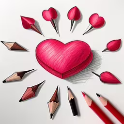 a drawing with pencils around a heart shaped box,several pencils are arranged around an image of a heart,pencils are laying around a heart surrounded by crayons,several pencils surround a heart shaped object on paper,a pink heart surrounded by several pencils