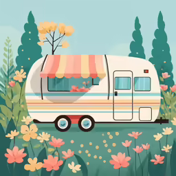 a camper parked in front of a garden of flowers