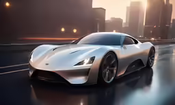 a white sport car drives through a city street at sunset