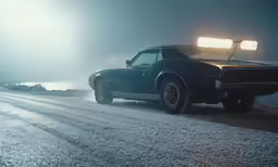a mustang on a country road in the winter