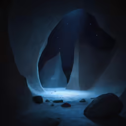 a cave with rocks, boulders and a light in the middle