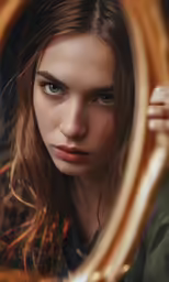 woman in green jacket staring at the camera through mirror