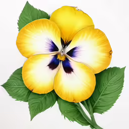a painting of a yellow and purple flower with green leaves