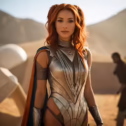 a woman dressed in armor and standing next to an older man