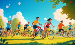 group of people riding bikes in the park