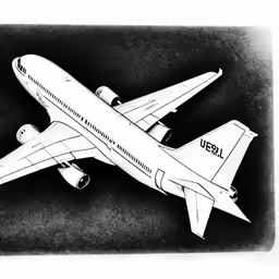 a drawing of a jet airliner, it appears to be flying upward