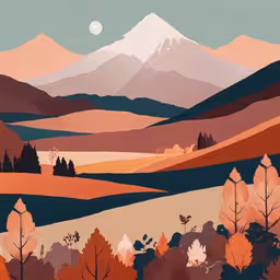 a painting shows a forest filled with trees with mountains in the background,this is a picture of a scenic landscape