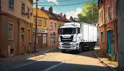 a semi truck drives down the middle of a street,a white truck driving down a street next to a couple of buildings