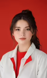 a close up photo of a woman wearing white and red