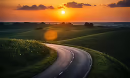 the road runs through a green field with sunset in the background