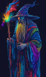 the wizard with a colorful rainbow hat and wand is looking at something