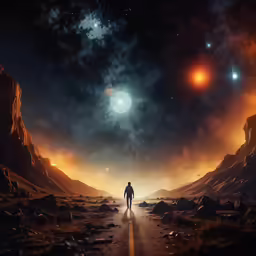 a person standing on the side of a road at night