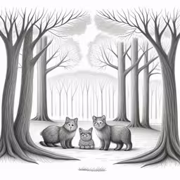 three cats sitting in the snow near trees
