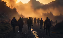 silhouettes of men walking on a road next to mountains