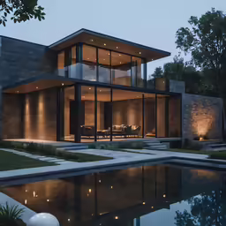 a house that is illuminated with lights on the front and side