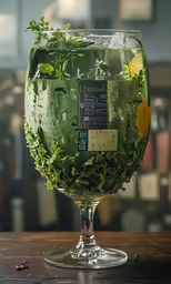 a large glass filled with water next to a wooden table