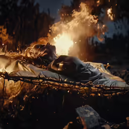 a woman lays on a bed wrapped in fabric near a lit fire