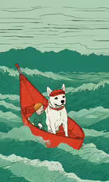 a cartoon of a dog and a person in a canoe with the person on board,a drawing of a man and his dog paddling a red canoe