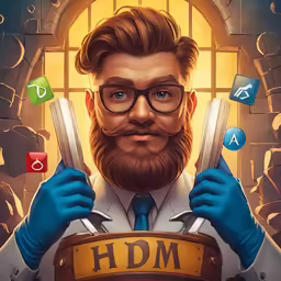 a cartoon man with a beard holding a pair of scissors in front of him