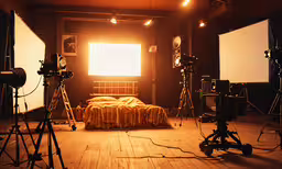 a picture of a bedroom and equipment in a room,a bed sitting in a bedroom next to three cameras