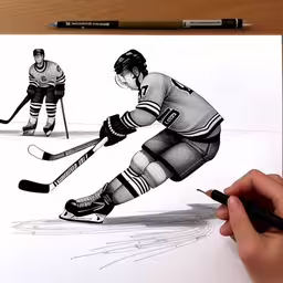 someone is drawing a hockey scene with a pencil,someone drawing some sports related items from their drawings
