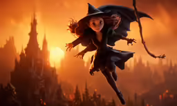 a woman dressed as a witch flying through the air