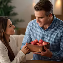 a couple sitting on a couch looking at each other while holding a tray of apples