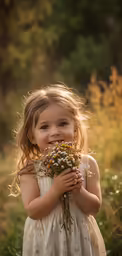 a girl holding onto some flowers outside