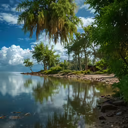a small river flowing under a tree filled sky