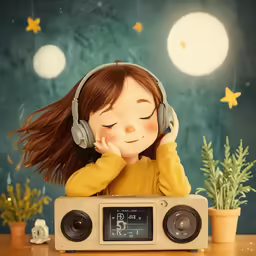 a little girl with headphones leaning on a radio