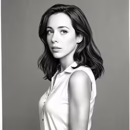 a black and white photo of a woman in white