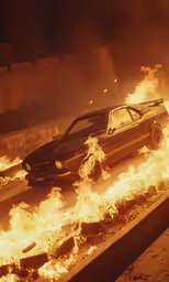 the car is engulfed in flames as it drives down the street